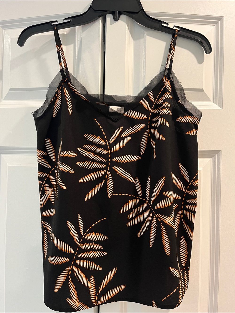 a new day Black Satin Cami with Tan Palm-Leaf Print and Lace Trim